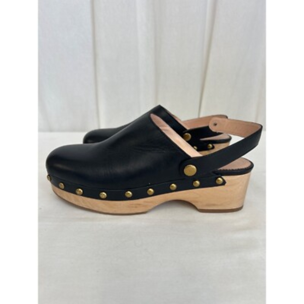 J. Crew Black Leather Mules with Wooden Sole